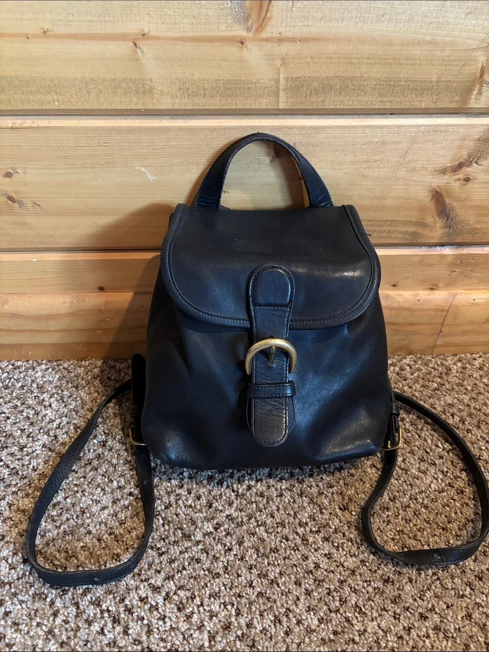 Coach Black Leather Mini Backpack with Brass Buckle